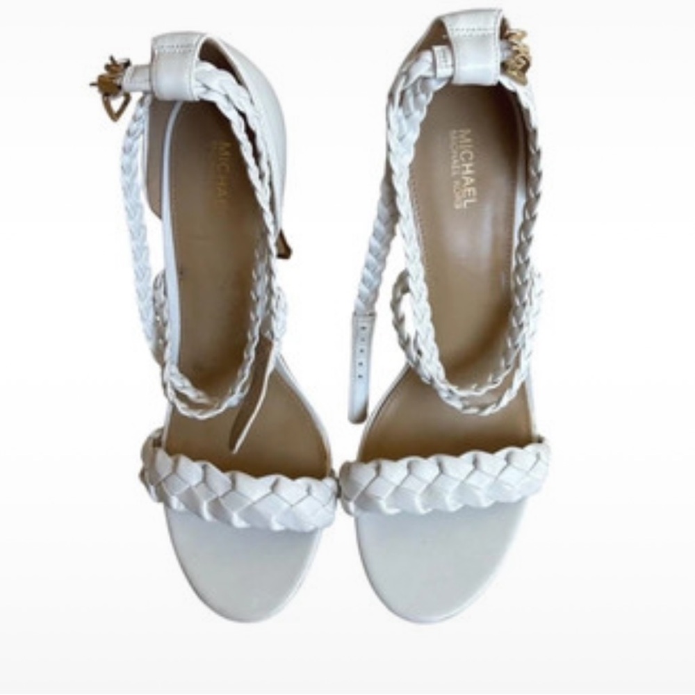 MICHAEL Michael Kors White Braided Ankle-Strap Sandals with Gold Accents.